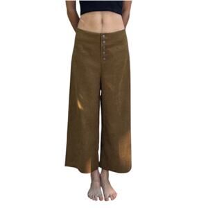 Mystree Wide-Leg Cropped Pant Size S Brown Velvety Texture Button-Up